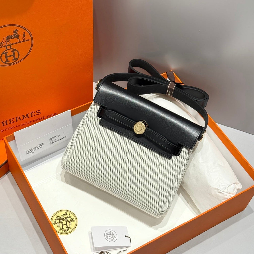 HERMES 25S MINI HERBAG 20 IN SAGE GRAY CANVAS GOLD HARDWARE