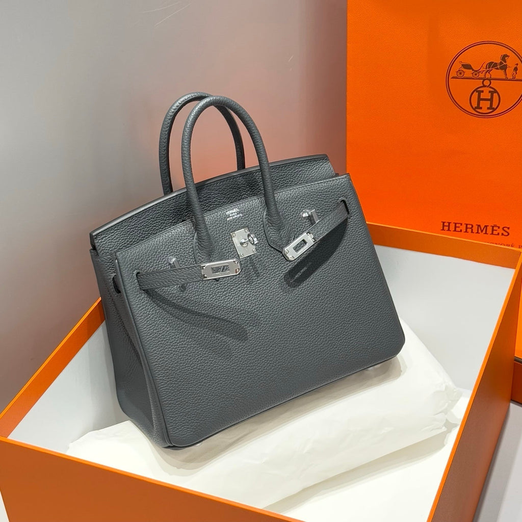 HERMES 25S MEDIUM BIRKIN 25 IN CHARCOAL GRAY CALFSKIN SILVER HARDWARE